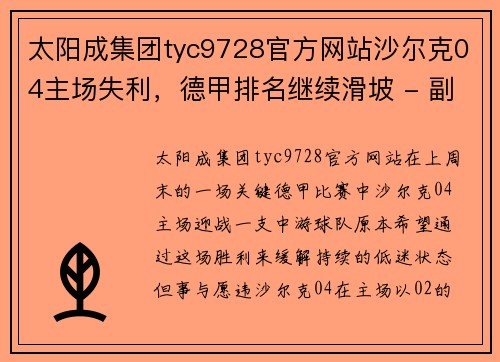 太阳成集团tyc9728官方网站沙尔克04主场失利，德甲排名继续滑坡 - 副本